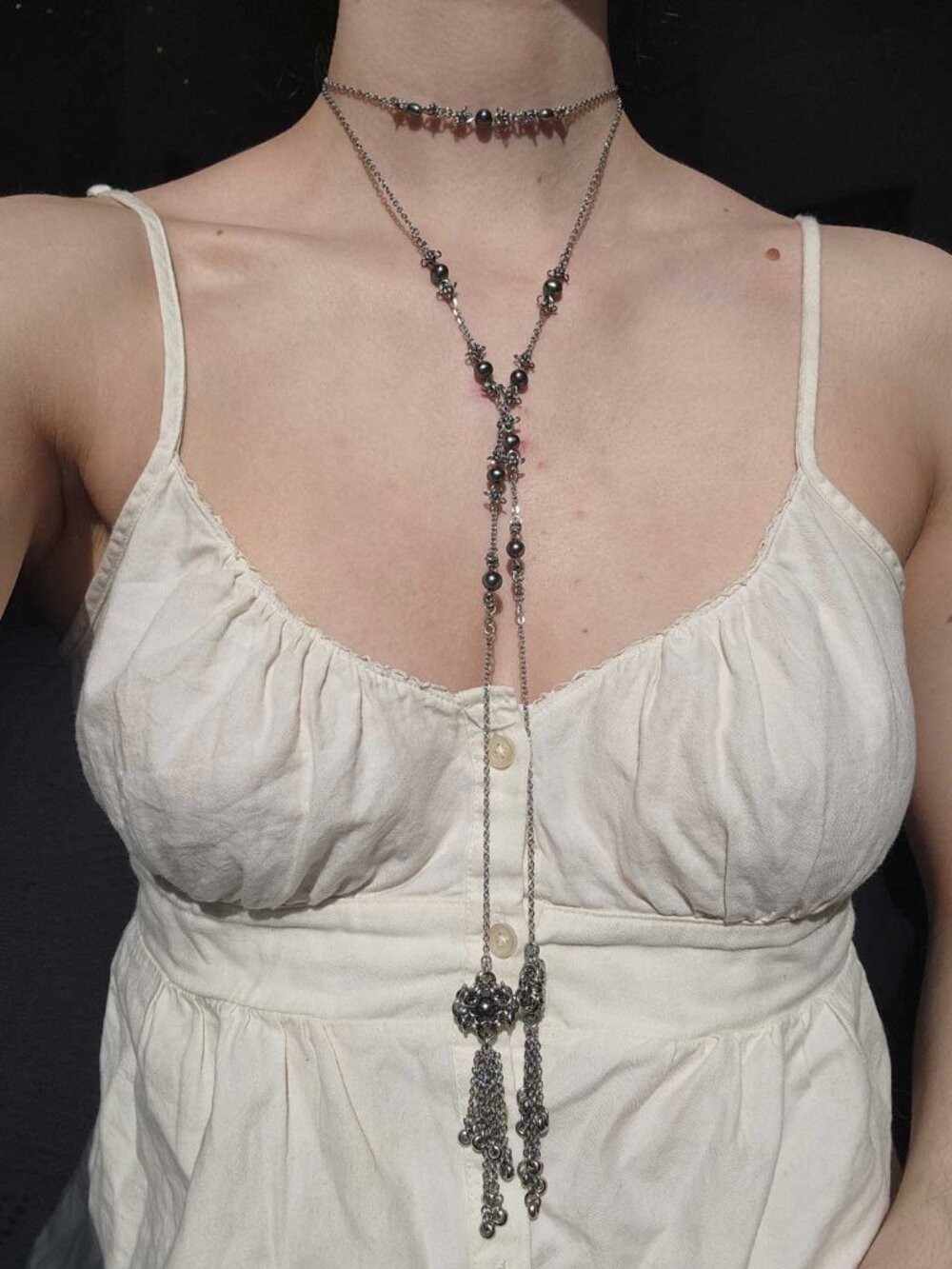 1930s silver flapper style tassel necklace with real pearls